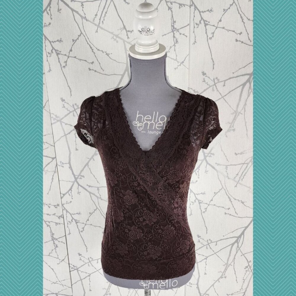 Jessica Brown Floral Lace Overlay Faux Wrap Top Y2K Fairy